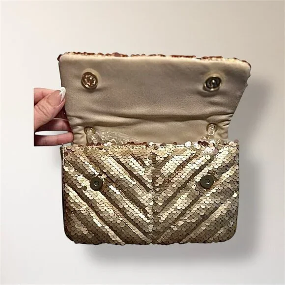Nicole Miller Gold Sequin‎ Crossbody Bag Convertible Clutch Chain Holiday Party - Picture 10 of 12
